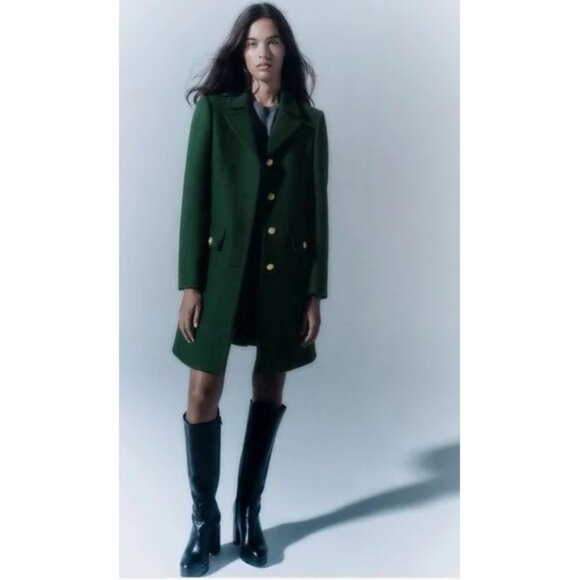 NWT Zara bottle green Manteco wool blend coat with gold statement buttons, XS - Picture 4 of 16